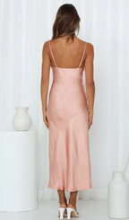 Coral Satin Cowl Neck High Slit Midi