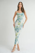 Floral Mesh Lace Up Detail Maxi