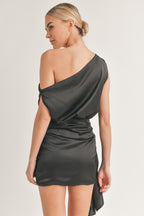 Black One Shoulder Satin Draped Mini