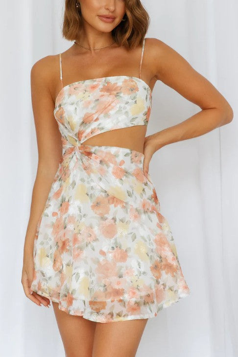 Orange Floral Chiffon Cut-Out Mini