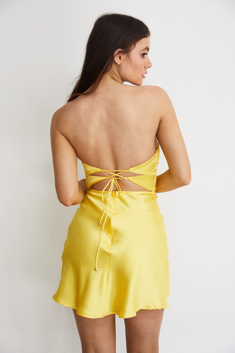 Yellow Strapless Satin Cut-Out Mini