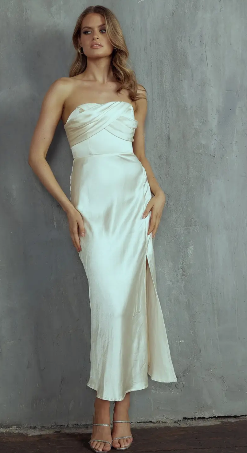 Ivory Strapless CrissCross Satin Midi