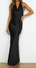 Black Satin Halter Cowl Neck Maxi