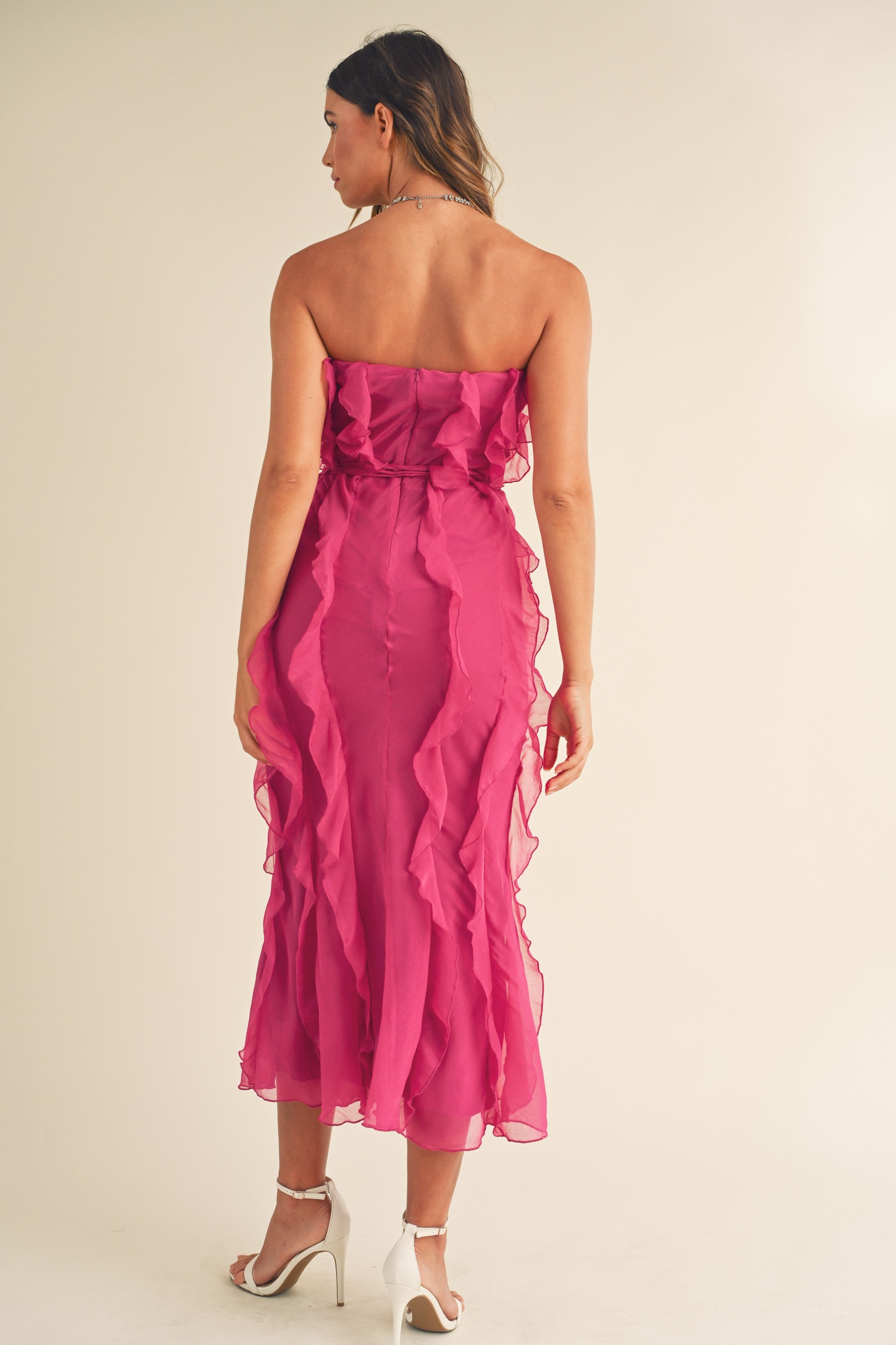 Pink Strapless Ruffle Midi