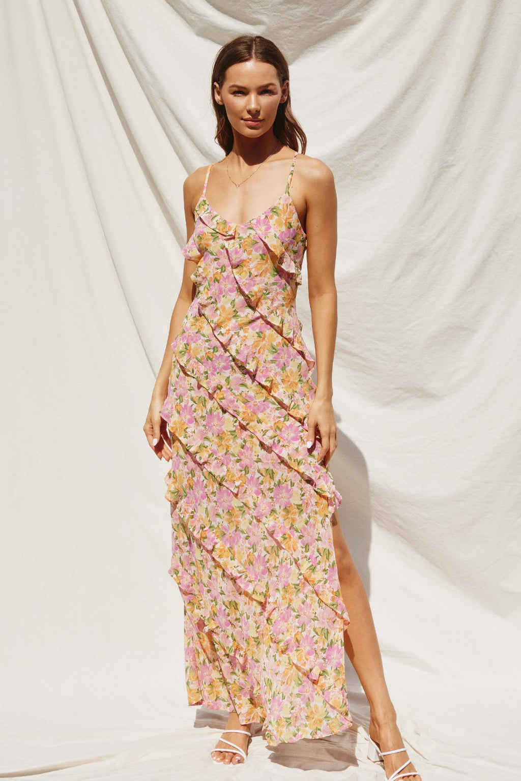 Floral Ruffle Layered High Slit Maxi