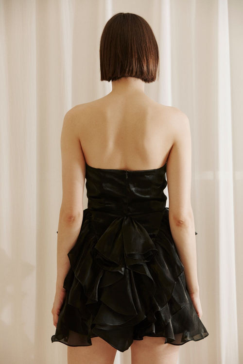Black Chiffon Strapless Ruffle Bottom Mini