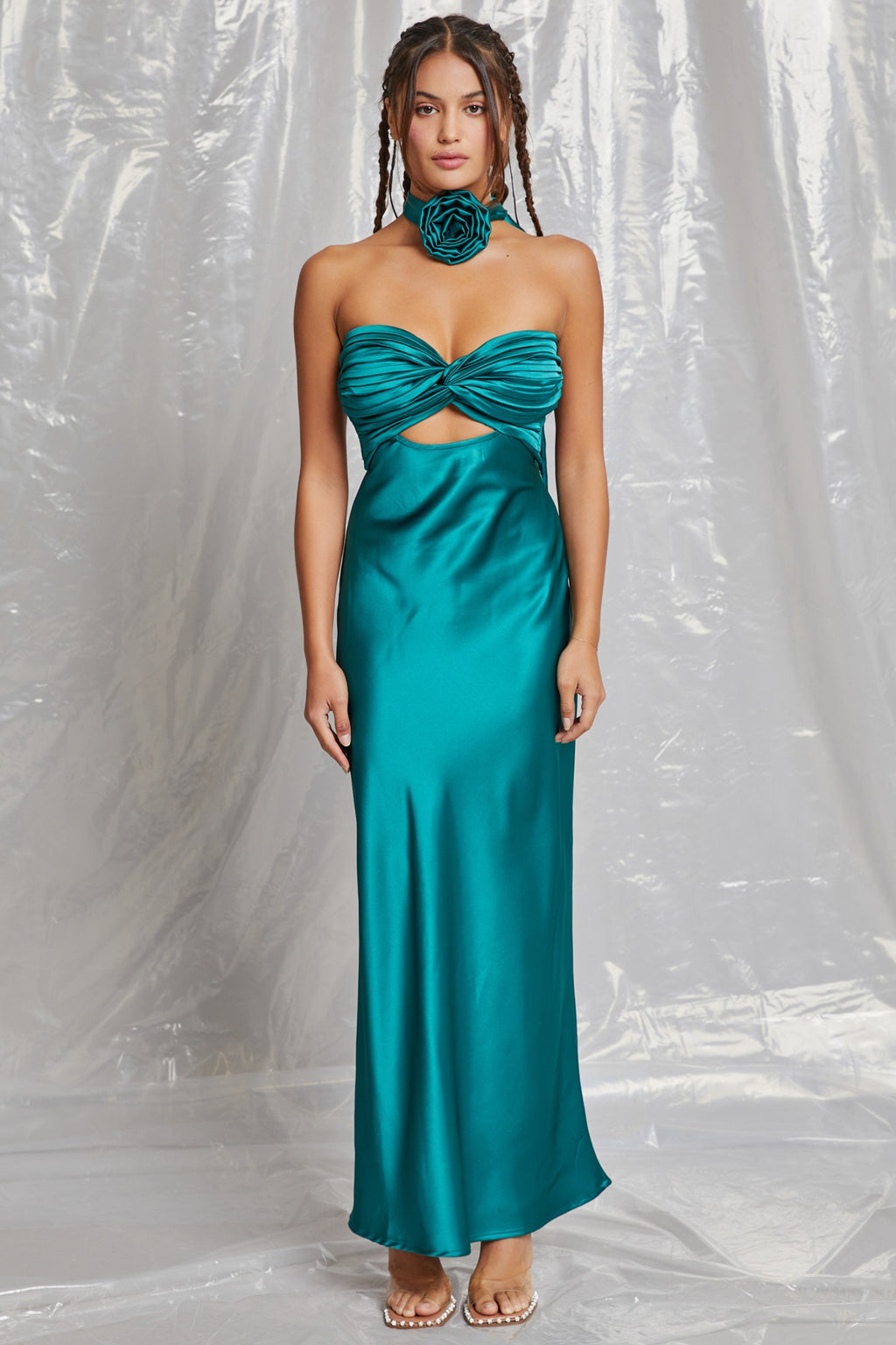 Teal Strapless Keyhole Rosette Maxi