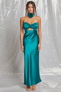 Teal Strapless Keyhole Rosette Maxi