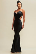 Black Cowl Neck Rhinestone Trim Cut Out Maxi