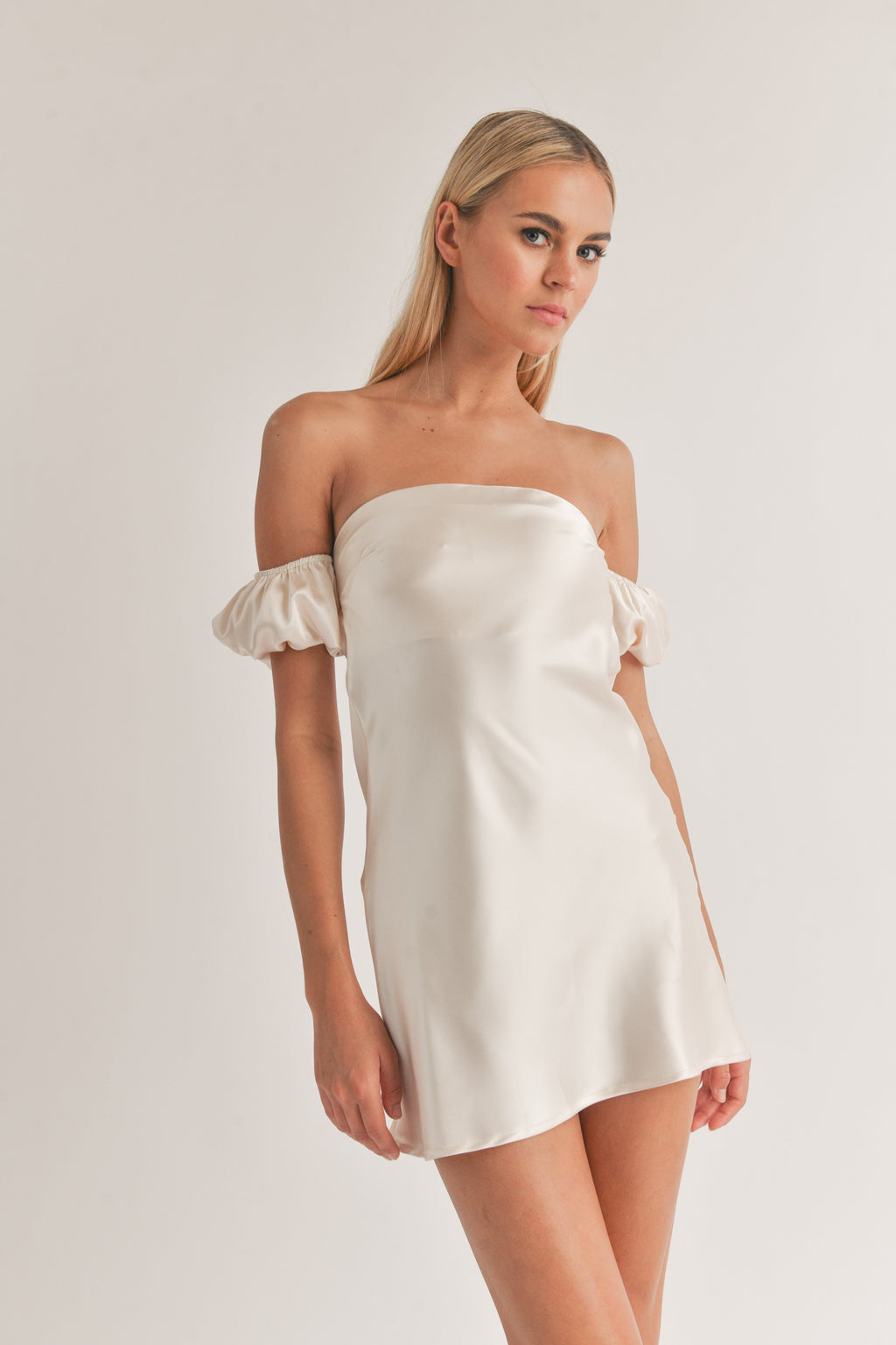 Champagne Off the Shoulder Satin Mini
