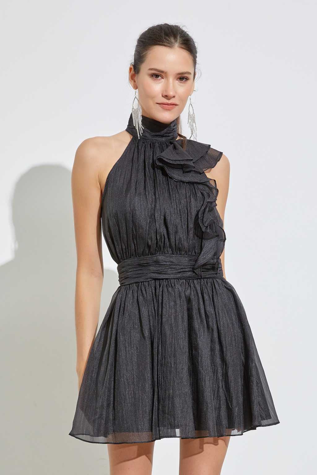Black Ruffle Detail High Neck Mini
