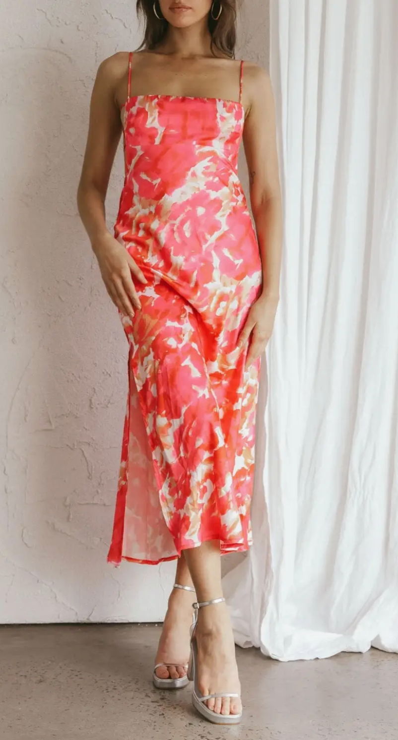 Pink Floral Square Neck Satin Midi