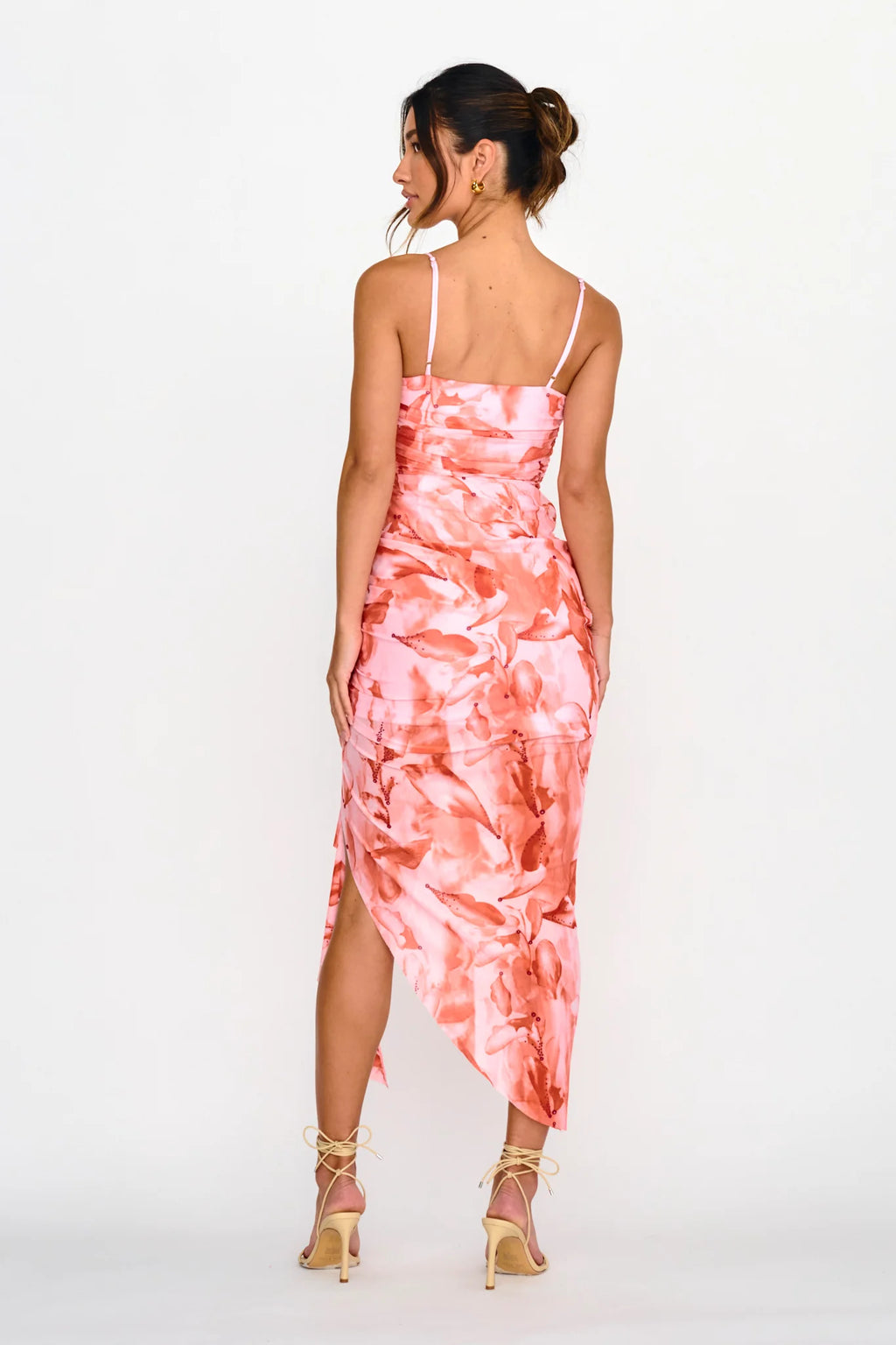 Asymmetrical Floral Ruched Midi