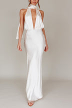 Ivory Plunge V-Neck Satin Maxi