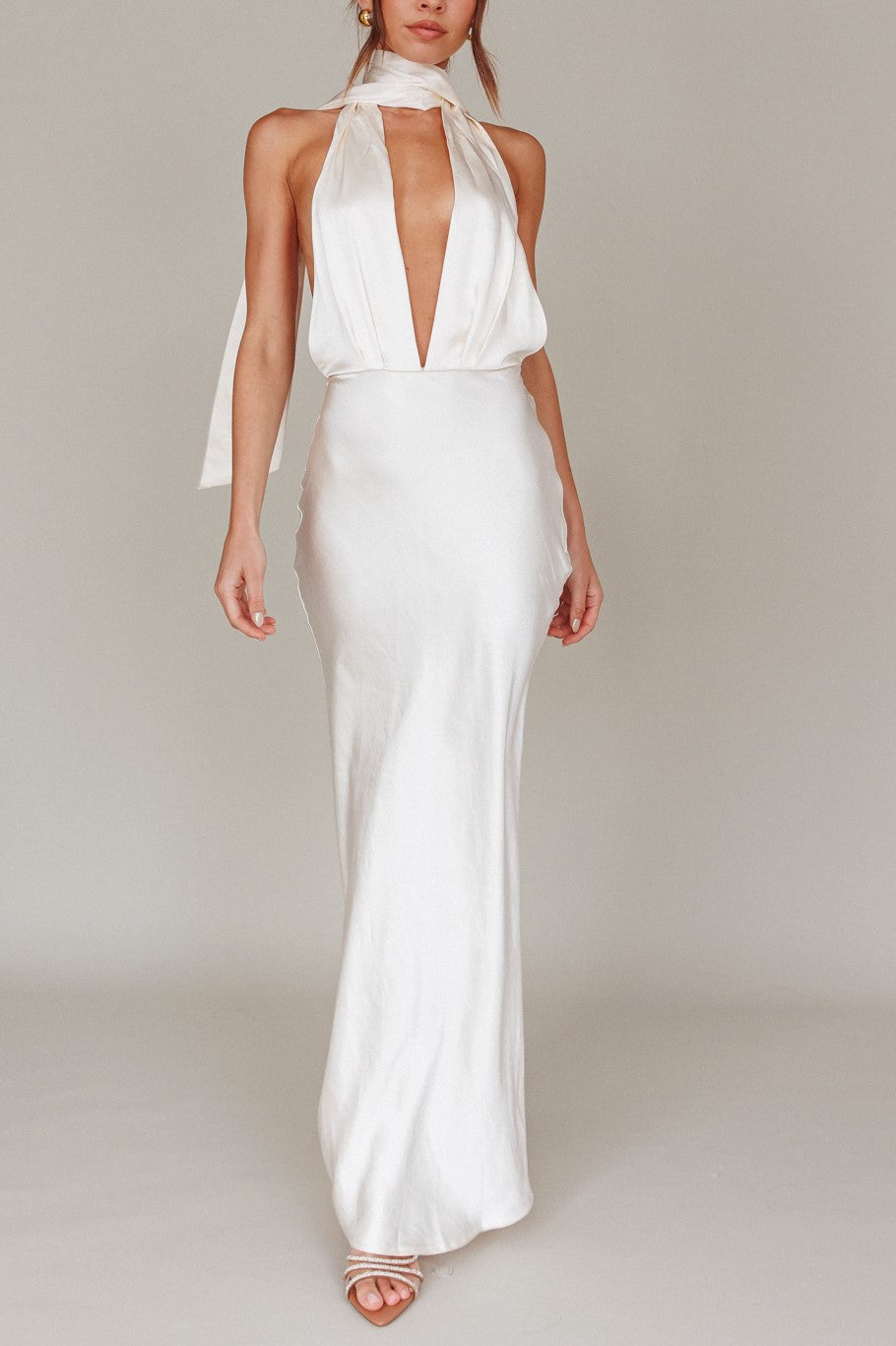 Ivory Plunge V-Neck Satin Maxi