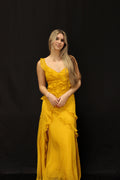 Yellow Asymmetrical Ruffle Linen Maxi