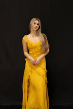 Yellow Asymmetrical Ruffle Linen Maxi