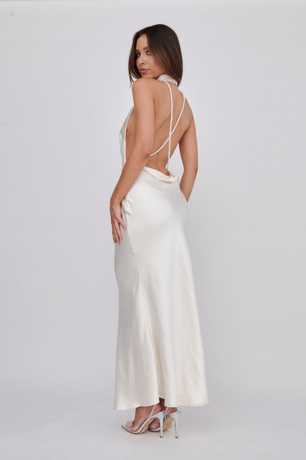 Ivory High Neck Open Pearl Back Maxi