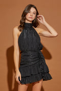 Black High Neck Sparkle Ruched Mini