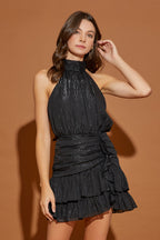Black High Neck Sparkle Ruched Mini