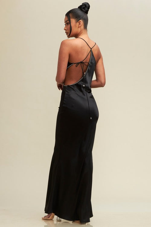 Black Cowl Neck Rhinestone Trim Cut Out Maxi