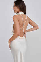 Ivory High Neck Open Pearl Back Maxi