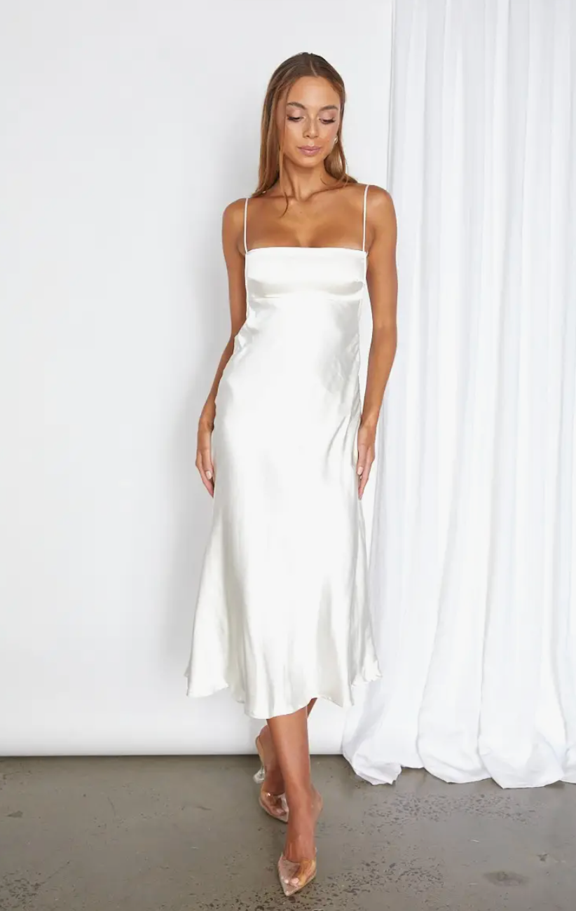 White Square Neck Satin Midi