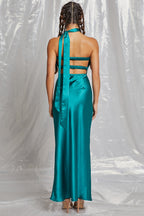 Teal Strapless Keyhole Rosette Maxi
