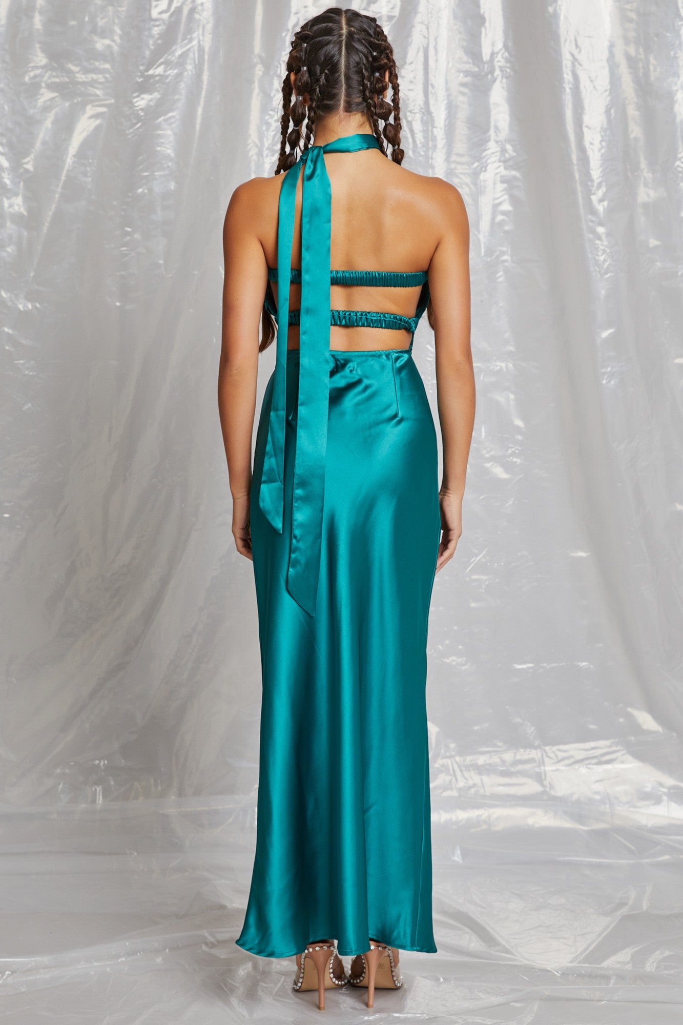 Teal Strapless Keyhole Rosette Maxi