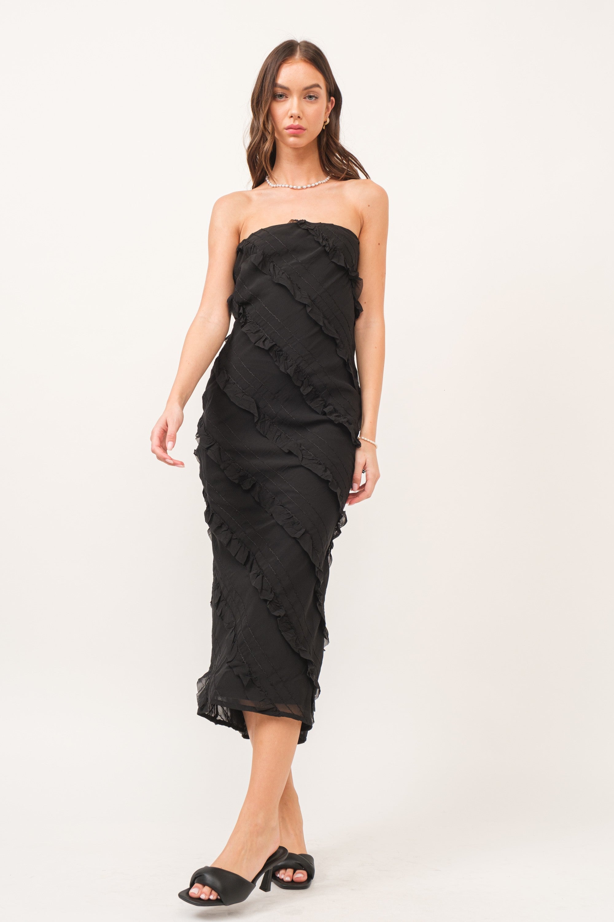 Black Strapless Ruffle Maxi