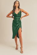 Emerald Satin Cowl Neck Midi