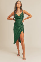 Emerald Satin Cowl Neck Midi