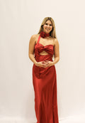 Red Strapless Keyhole Satin Rose Maxi